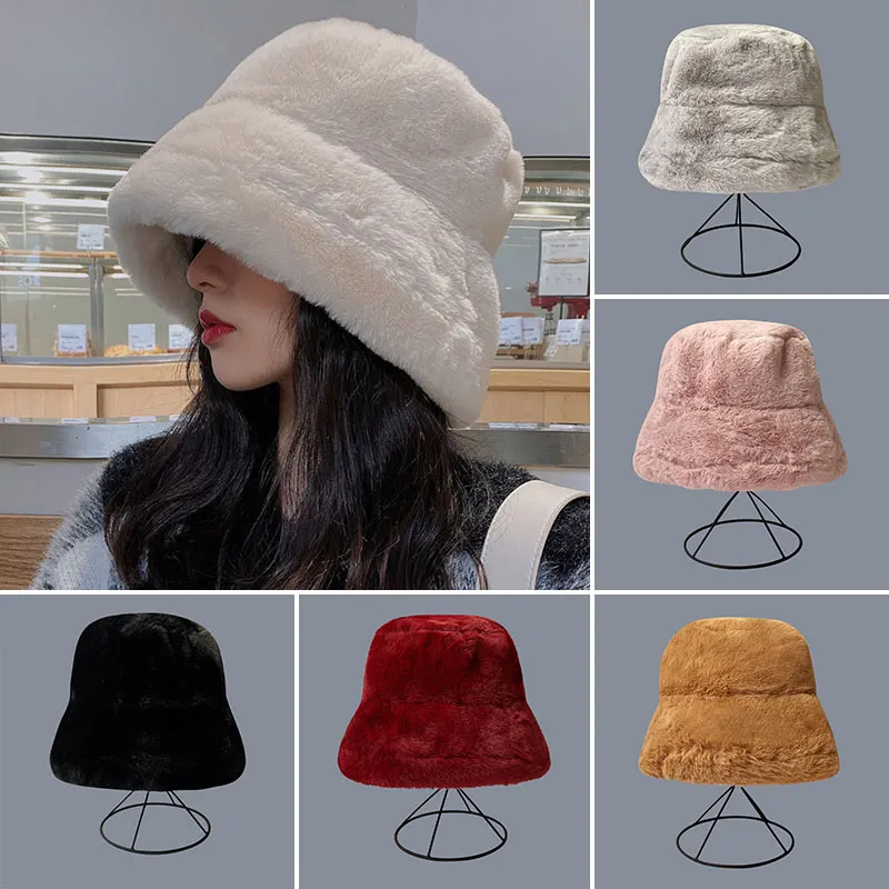 

Winter Warm Faux Fur Bucket Hats Fashion Multi-Color Soft Plush Fisherman Hat For Women Girls Trendy Thicken Rabbit Fur Caps