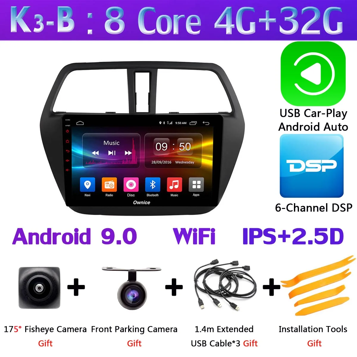 K3-B-CarPlay " 360 ° панорамный Android 9,0 автомобильный DVD мультимедийное радио gps для Suzuki SX4 S-Cross 2013 S Cross автомобильное радио DSP - Цвет: K3-B-CarPlay