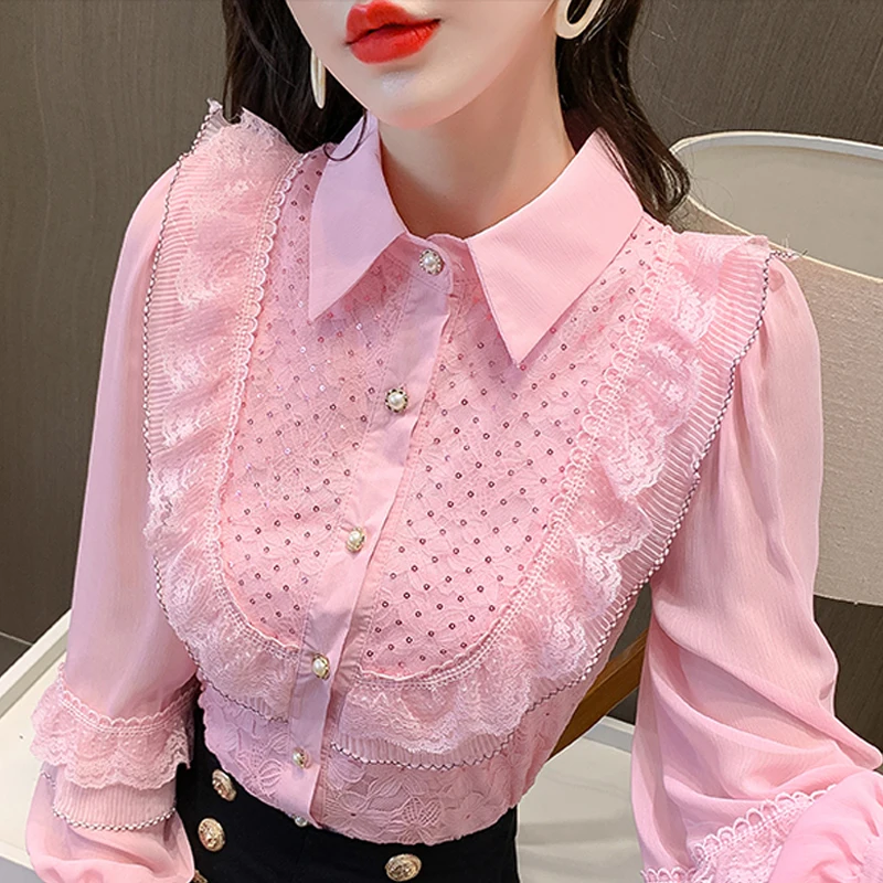 

Autumn Women Ruffles Lace Blouse Shirt Tops Women Long Sleeve Blouse Women Blusas Mujer De Moda 2021 Blouses Femme Shirts F138