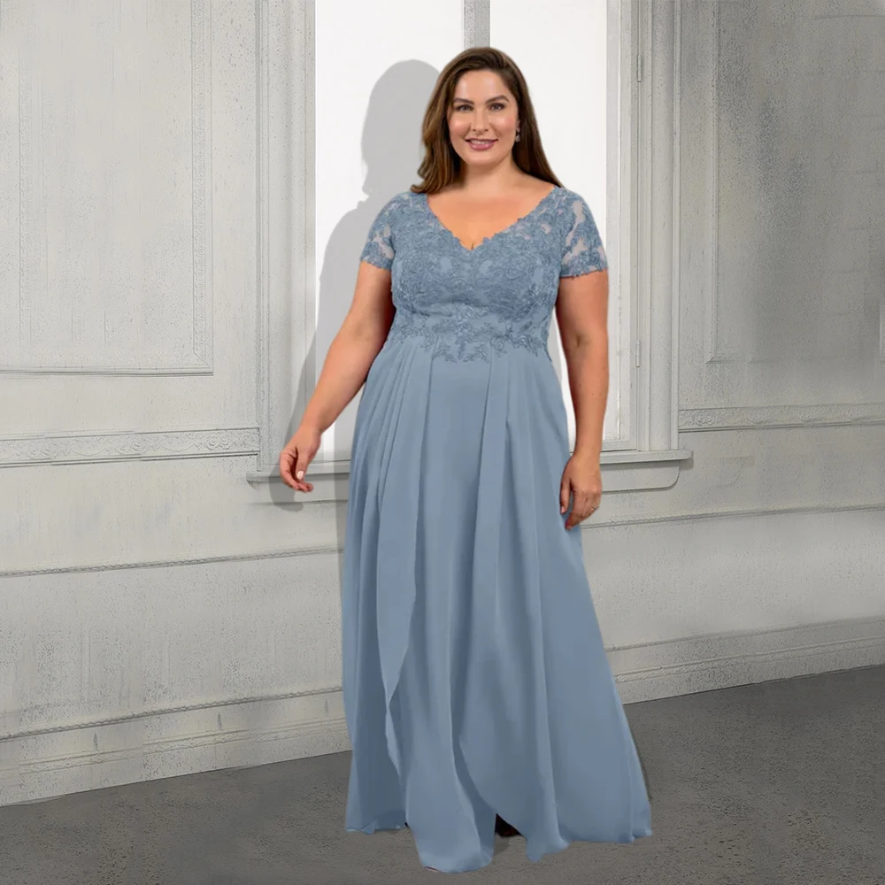 

Wedding Mother Dress 2021 Simple Chiffon Floor Length With Short Sleeves Plus Size Mother's Formal Party Gowns A Line Lace Tulle