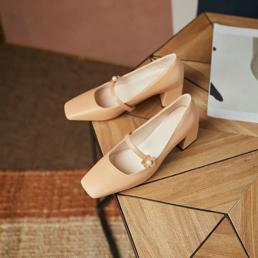 

Fanyuan Microfiber Square High Heels Spring Autumn Flower Fashion Women Pumps Square Toe Slip On Female Shoes Big Size 31-48