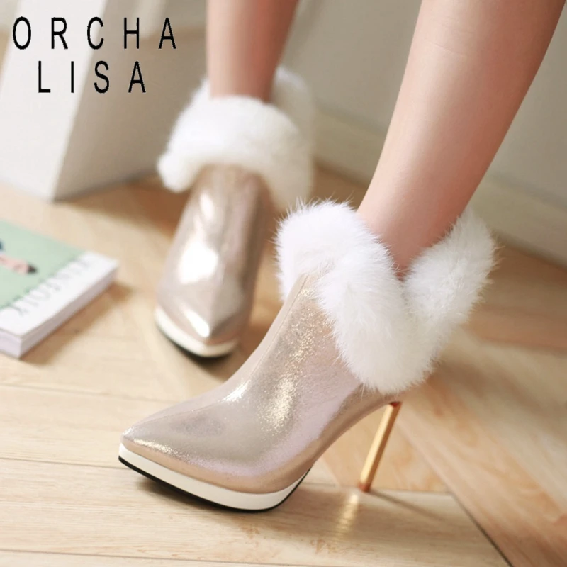 ORCHA LISA/Теплые Зимние ботильоны для женщин с острым носком шпильки на молнии