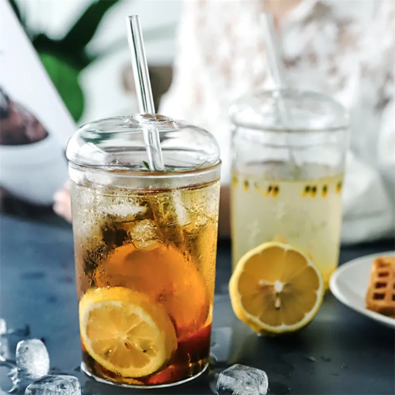 

450ml Heat Resistant Glass Cup Transparent Coffee Mug With Lid&Straw Home Milk Juice Flower Tea Cup Travel Mug Drinking Glass