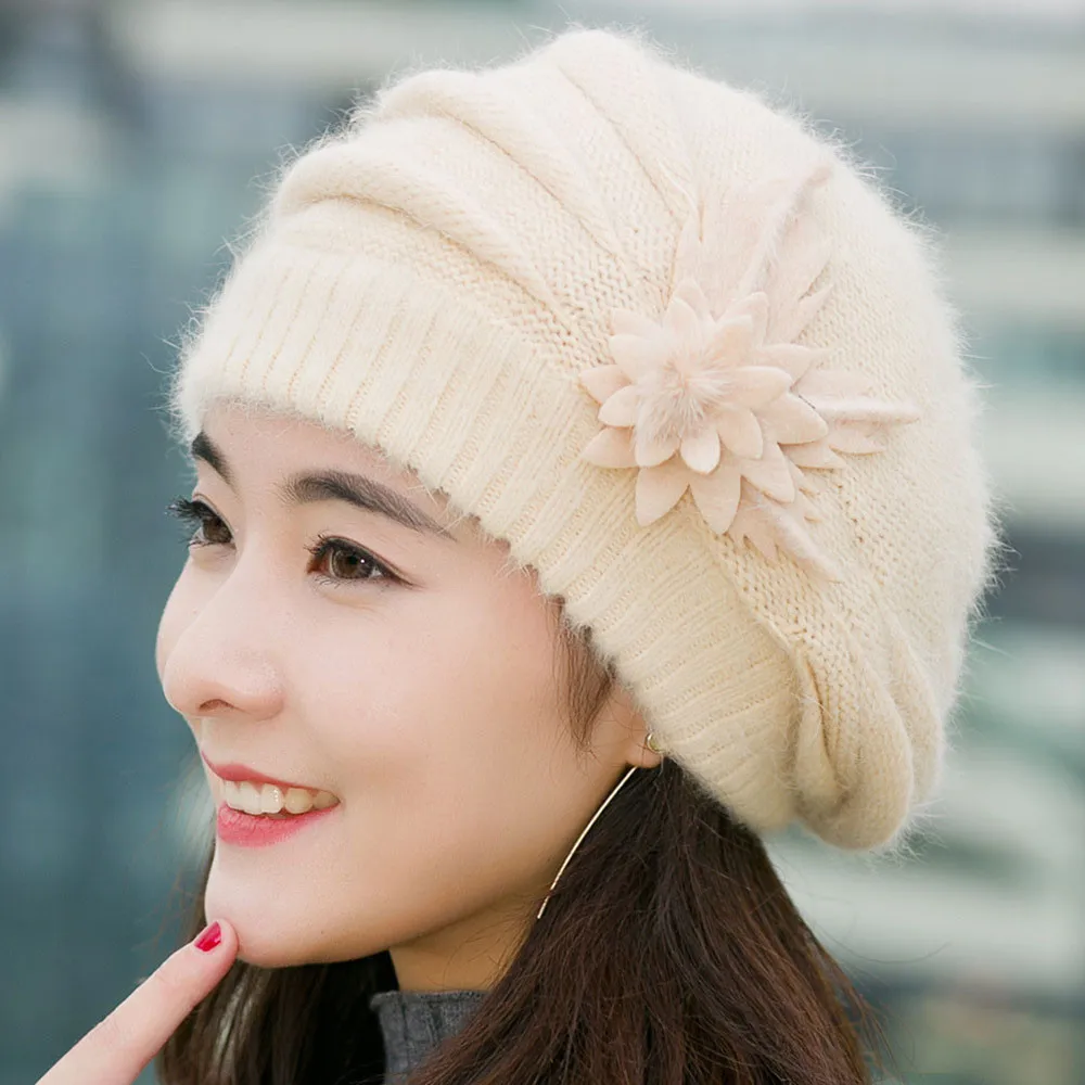 

Fashion Flower Knit Crochet Beanie Hat Winter Warm Cap Beret Hats For Women Bonnet Berets Gorros Mujer Invierno