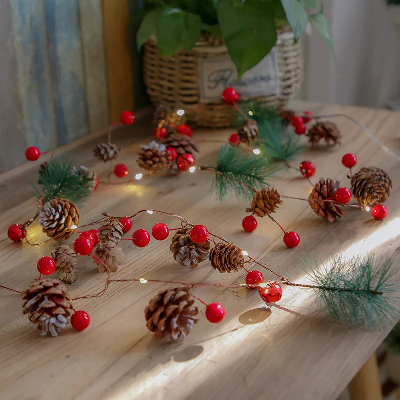 

Pine Cone Jingle Bell String Lights Pine Branch Berries Garland Christmas Lights for Winter Holiday Fireplace Xmas Tree Decor