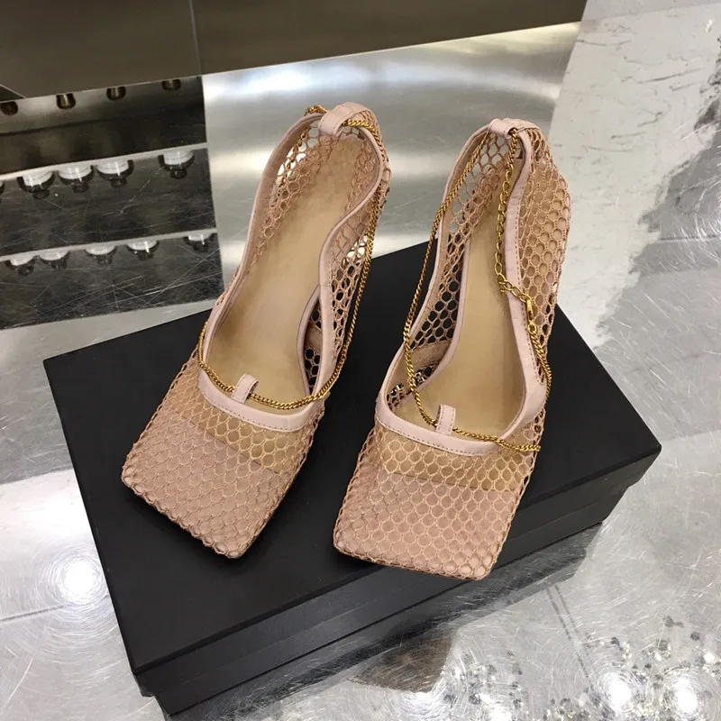 Hot Sale Shoes Woman Sandals Square Toe Metal Chain High Heels Designer Zapatos De Mujer | Обувь