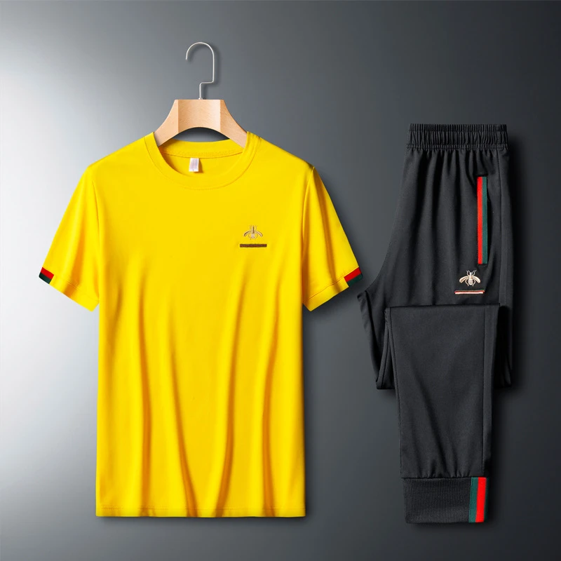 

2020 Tracksuit Men spring Streetwear soid summer Elastic Brand Casual Embroidered Sport Suit short Sleeve Two Piece Set Clothes