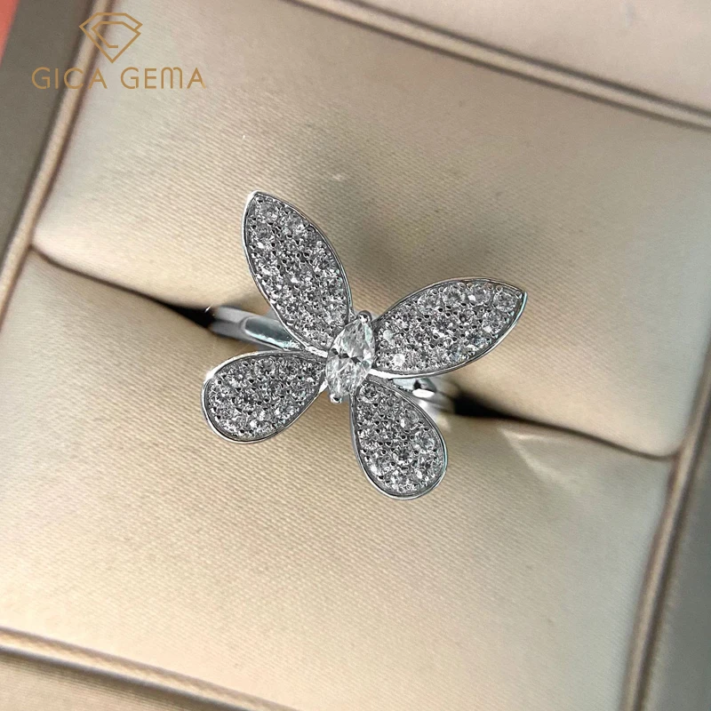 

GICA GEMA 925 Sterling Silver Butterfly finger Rings Sparking Full High Carbon Diamond Engagement party Fine Jewelry Wholesale