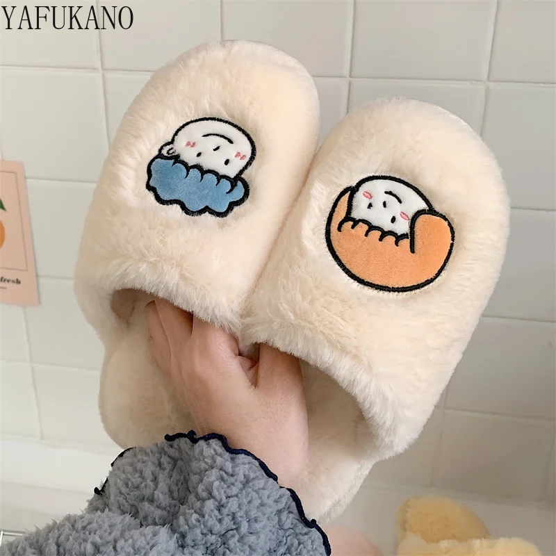 

Women Fashion Warm Fluffy Slippers Winter Cozy Faux Fur Indoor Floor Slides Flat Soft Furry Cute Cartoon Couples Shoes Plus Size