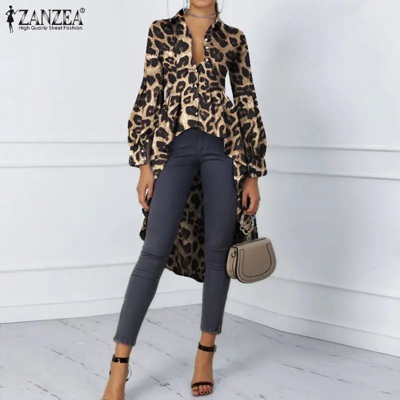 

2021 осенние высокие и низкие топы ZANZEA для вечевечерние, женская модная Повседневная блуза с длинным рукавом, Женская Элегантная туника с лео...