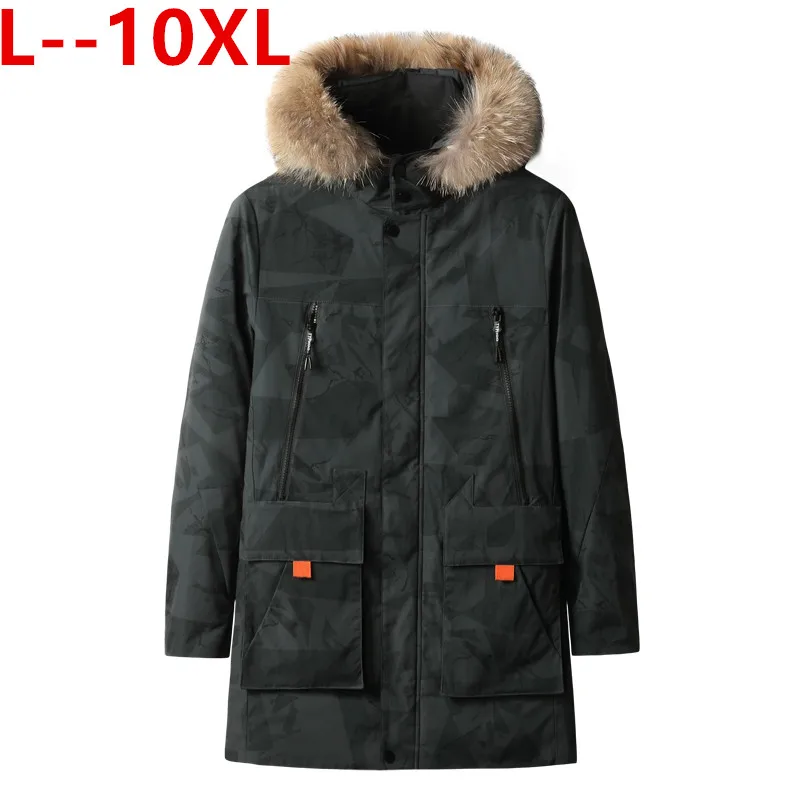 

10XL 8XL Men Winter Faux Fur Collar Long Thick Cotton Parkas Jacket Coat Men Hooded Pockets Outwear Windproof Jacket Parka Men