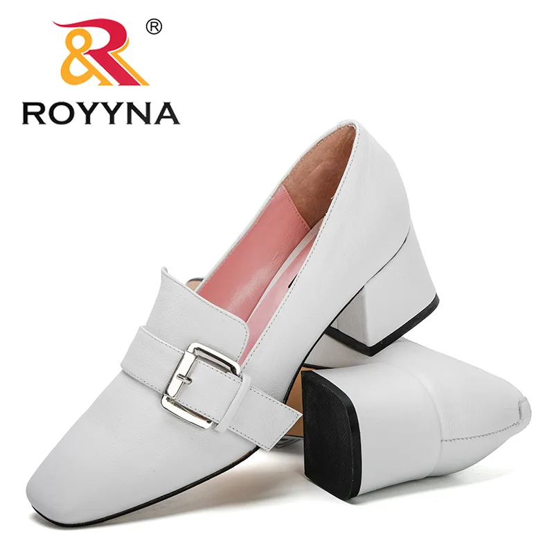 ROYYNA 2021 New Designers Thick High Heels Shoes Women Slip On Solid Color Heels Pumps Ladies Daily Dress Shoes Zapatillas Mujer