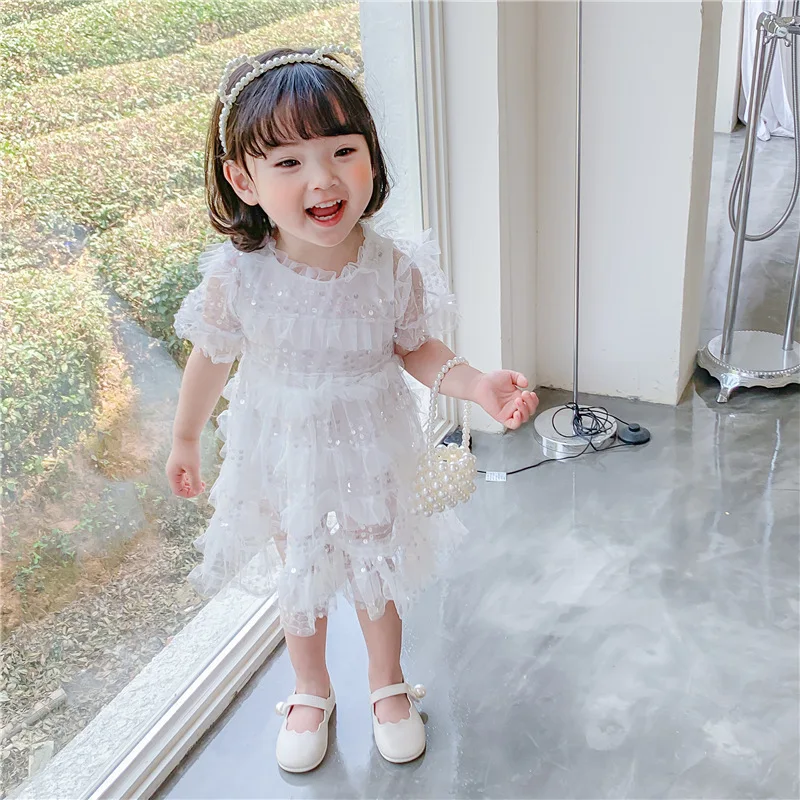 Girls Dresses 2020 Summer New Sequined Mesh Splicing Princess Girl Baby Korean Version of The Cake Dress Style | Детская одежда и