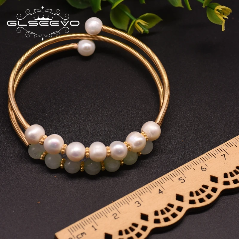 

GLSEEVO Natural Freshwater Pearl Double-Layer Bracelet Women's Party Birthday Gift Green Crystal Exquisite Jewelry GB0914