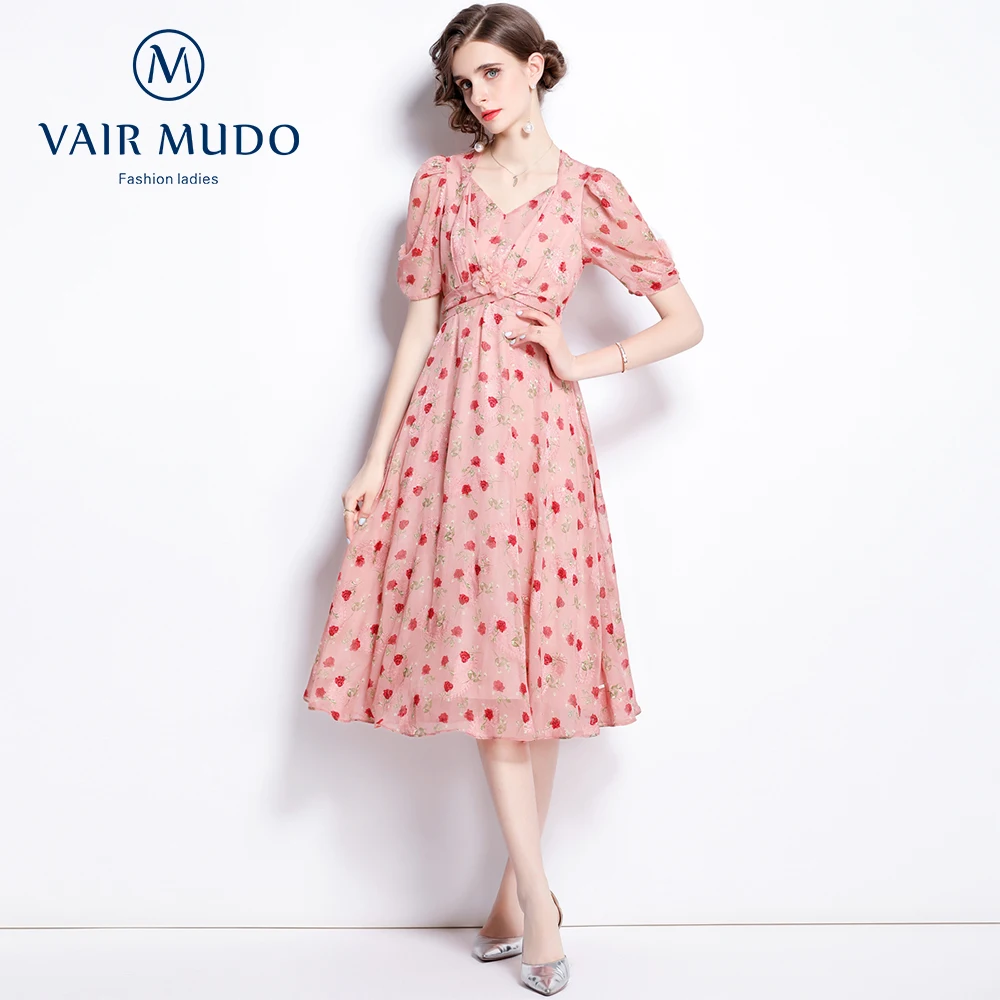 

2021 Dress Women Pink Summer Vintage French Tea Break Dress Floral Short Sleeve Long Dress V-neck Puff Sleeve Was Thin Y-162