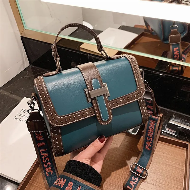 

Autumn and Winter Letter Wide Straps Shoulder Messenger Bags High Quality Rivet Women Purse and Handbag Fashion Small Square Bag