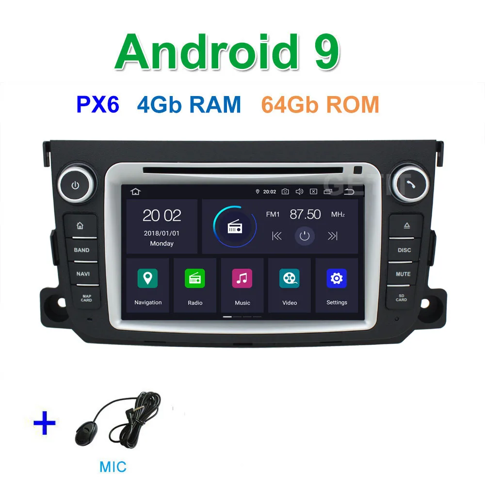 DSP 64G PX6 Android 9 Автомобильный DVD стерео плеер gps для Mercedes/Benz Smart Fortwo 2011- с радио BT WiFi - Цвет: PX6 4G-RAM 64G-ROM