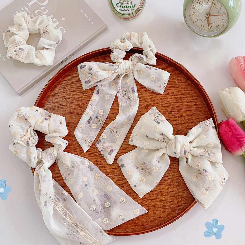 

New Rubber Bands Mesh Floral Women Girls Hair Tie Bow Scrunchies Ponytail Holder Flower Barrettes Hair Rope