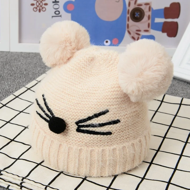 beige hat Baby Beanies Double Ball Wool Cartoon Pompom Hat Children Winter Knitted Hats Cute Cap for Girls Boys Thick Kids Beanies - Цвет: beige hat