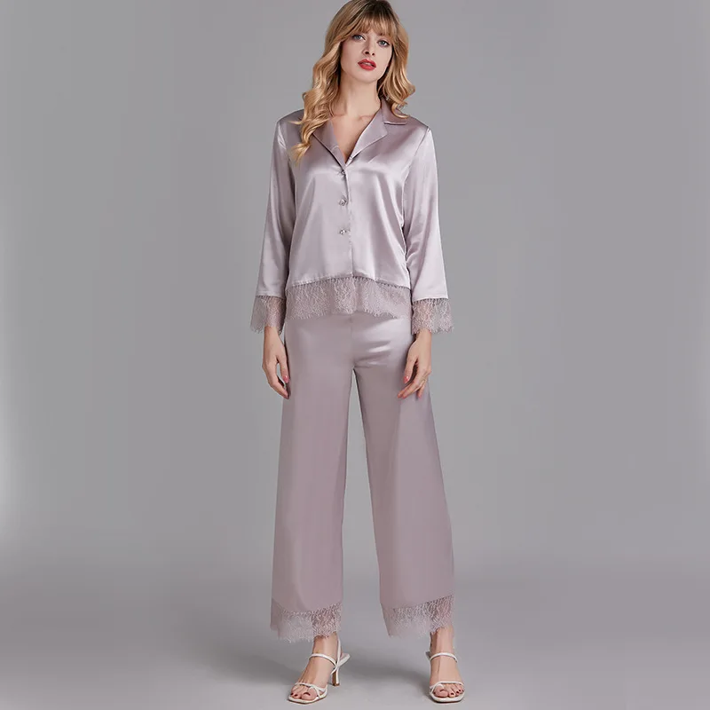 

2021 new ladies' spring/summer pajamas silk ice silk long sleeve home wear thin lace set