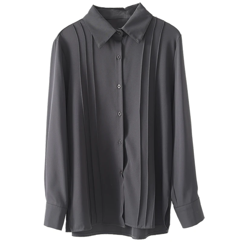 

Solid Satin Women Shirts Summer New 2021 Turn-Down Collar Long-Sleeved Office Lady Work Outwear Tops