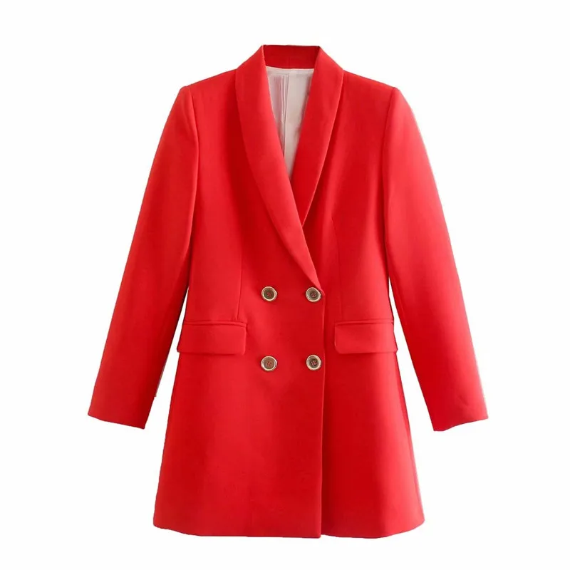 

ZA 2021 Long Double Breasted Blazer Women Long Sleeve Pronounced Shoulder Office Lady White Blazers Woman Red Black Autumn Coat
