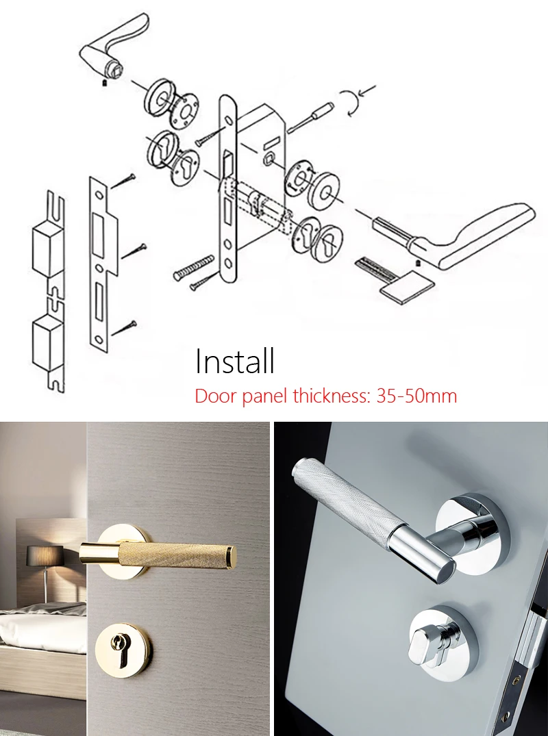 

Solid Brass Knurled handle Lock Gold Lever Handles Interior Door Mute Lock Set Exquisite Split Bedroom Door Handle Knob US-Style