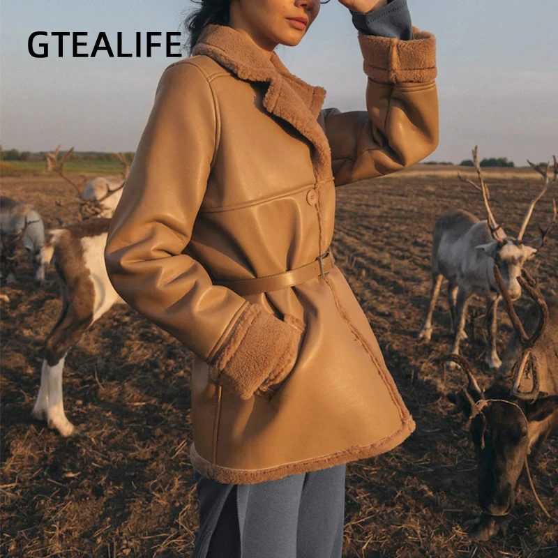 

Женская Офисная куртка GTEALIFE, Зимняя Толстая бархатная куртка из искусственной кожи, однотонные верблюжьи карманы, воротник с вырезом, дубле...