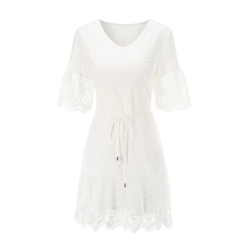 ТРАПЕЦИЕВИДНОЕ хлопковое женское платье с вышивкой элегантное белое v-образным