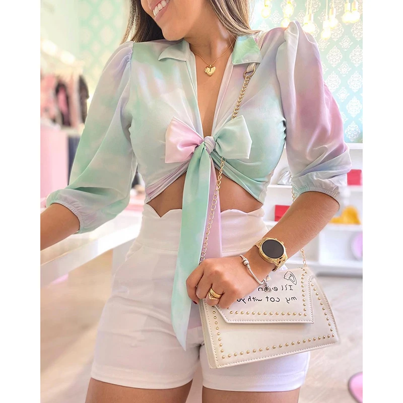 

2021 Women Elegant Fashion Shirt Summer Fashion Female Crop Top Print Tied Front Long Sleeve Casual Blouse