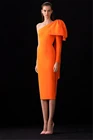 Оптовая продажа, Новое поступление 2021, оранжевые женские элегантные облегающие платья средней длины с бантом на плечах, Деловые женские платья