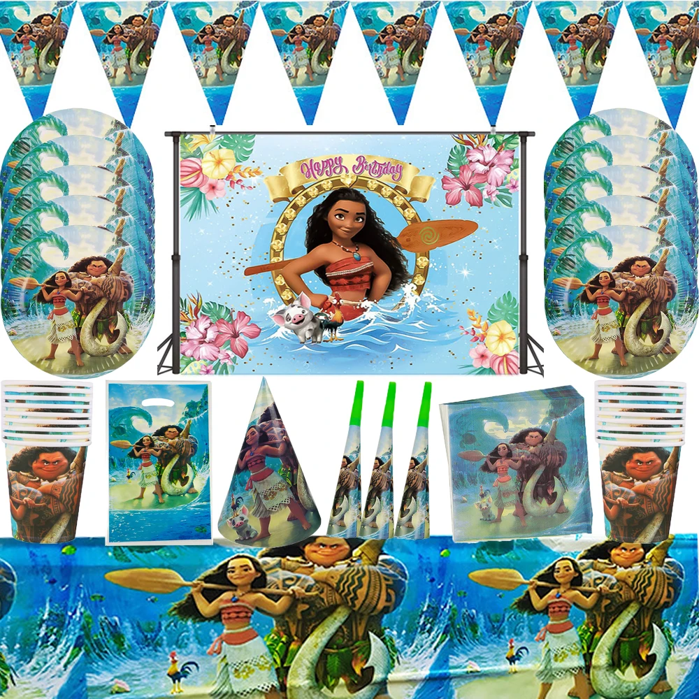 

Moana Theme Cartoon Party Tableware Set Cup Straw Plate Napkins Candy Box Banner Flags Kid's Birthday Party Decorations Supplies