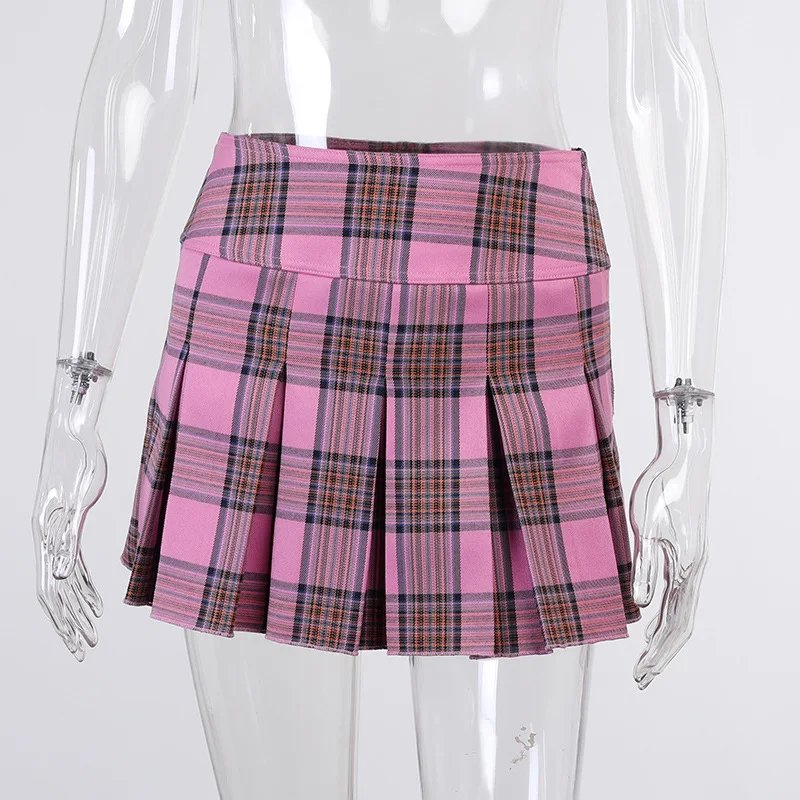

Women High Waist Skirt Fashion Checkered Mini Skirt Ladies Color Block Pleated Plaid Half Skirt