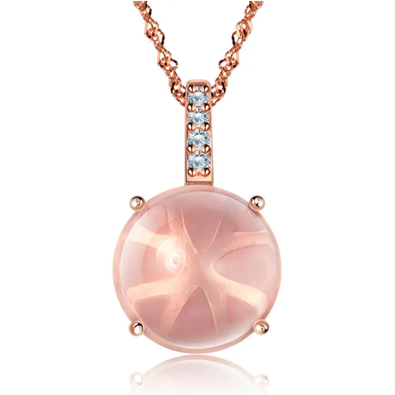

Cute Female Pink Moonstone Pendant Necklace Rose Gold Color Chain Necklaces For Women Vintage Crystal Round Wedding Necklace