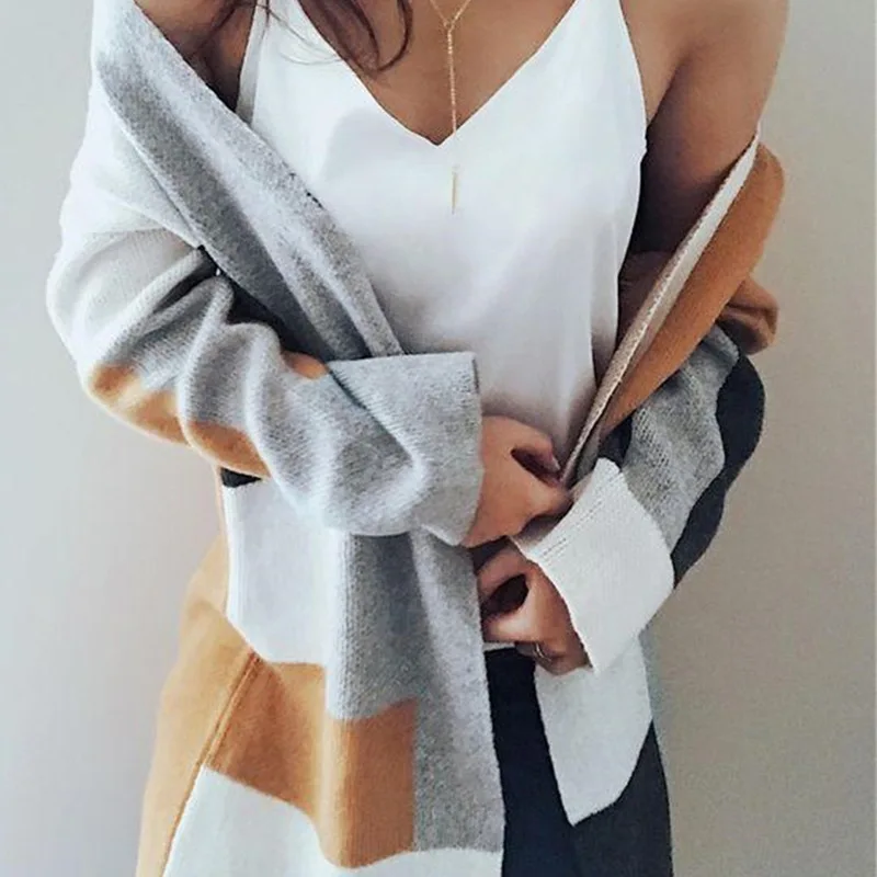 

Lugentolo Knit Cardigan Women Fall Winter Loose Fashion 3/4 Sleeve V Neck Knitted Long Sweater