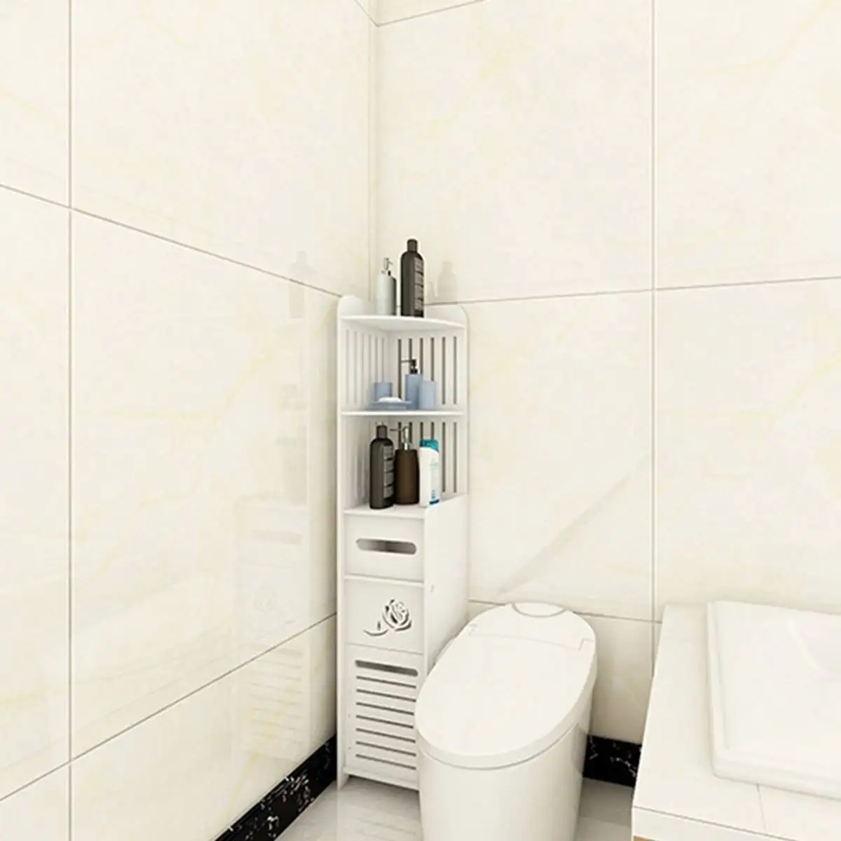 

Waterproof Toilet Side Cabinet Floor Mounted PVC Bathroom Storage Rack Bedroom Kitchen Storage Shelves Home Bathroom Organizer