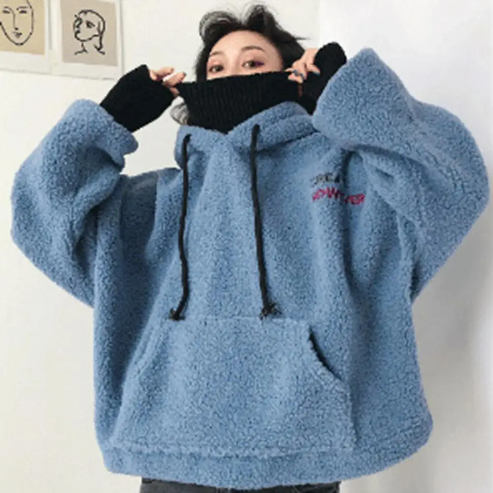 New Autumn Winter Thick Warm Coat Faux Fleece  Women Hoody Sweatshirt Solid Blue white Pullover Casual Tops Lady Loose