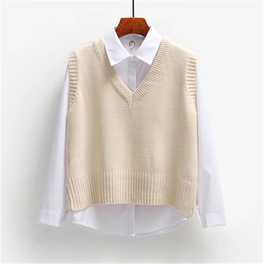 

Women Sweater Vest Spring 2021 Autumn Women Short Loose Knitted Sweater Sleeveless Ladies V-Neck Pullover Tops Female Outerwear