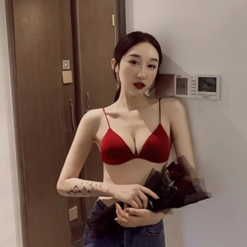 

Beautiful back sexy super thin underwear thin shoulder belt traceless triangle cup girl's small chest button bra