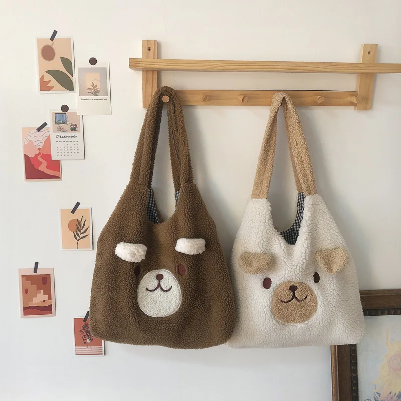 

Women Plush Shoulder Bag for 2021 New Arrival Warm Cloth Fabric Handbag Soft Imitation Lambs Wool Shopping Bag Cute Bear Bags