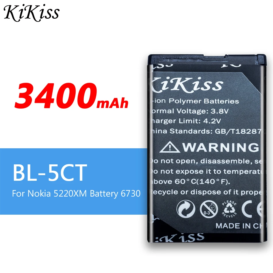 KiKiss Батарея 3400 мА/ч BL 5CT для Nokia 5220 5220XM 6730 C3 C5 C6 00 02 01 6303C 6730c 6330 6303i 5CT|Аккумуляторы