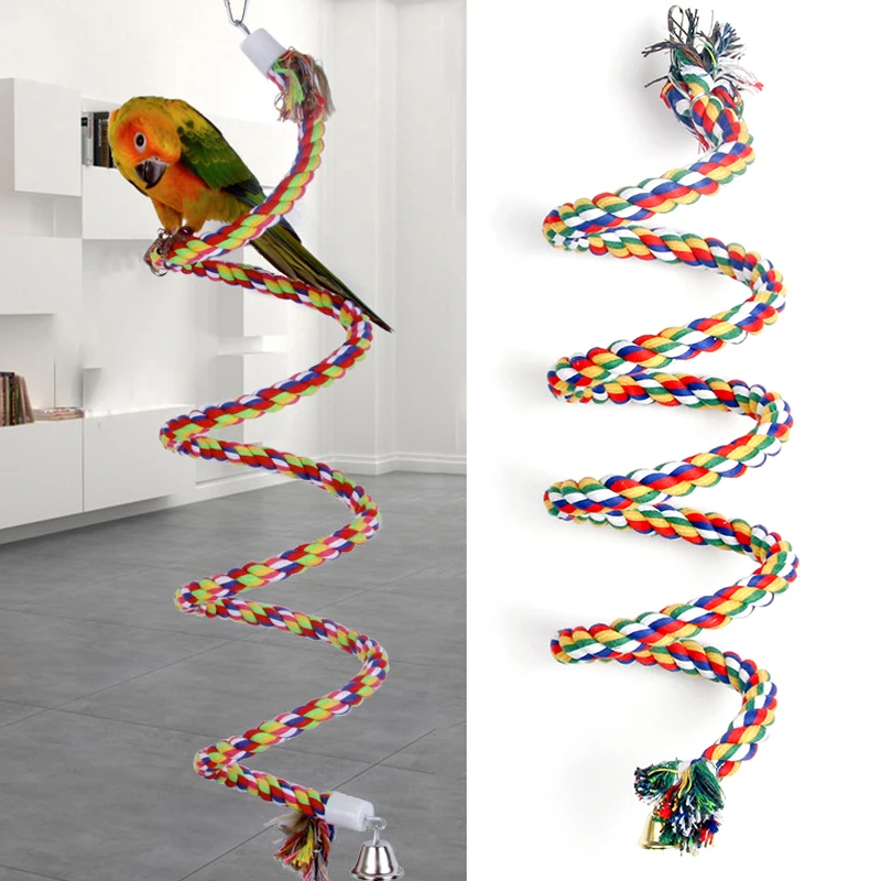 

Жевательная планка для попугая, 50/100/150cn, спиральная хлопковая веревка, качели, стоячие игрушки с колокольчиком, принадлежности для птиц