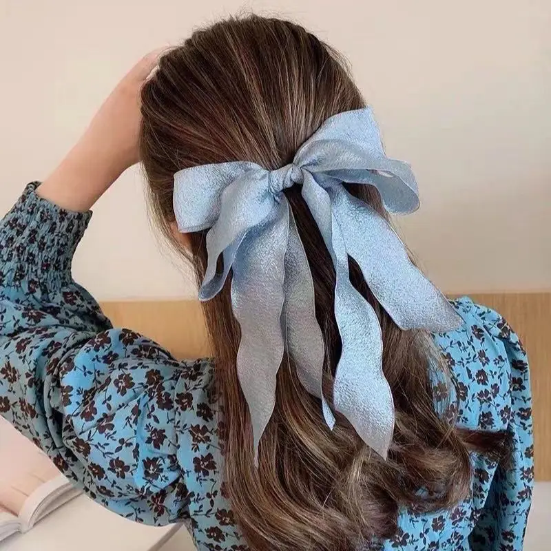 Double Layer Solid Color Women Large Bow Hairpin Pearl Light Chiffon Ribbon Hair Clip Bowknot Hairwear Fashion Hair Accessory images - 6