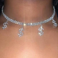 punk statement crystal dollar sign necklace for women gold silver color full rhinestone paved tennis chain choker party jewelry