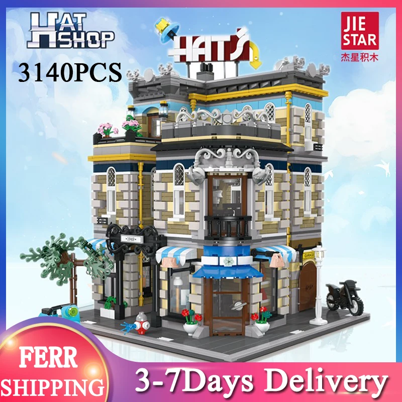 

2021 г., JIESTAR, эксперт по идеям, город, улица, магазин шляп, 3140 деталей, Модульные строительные блоки, модель дома, игрушки, сад, центр, PetShop