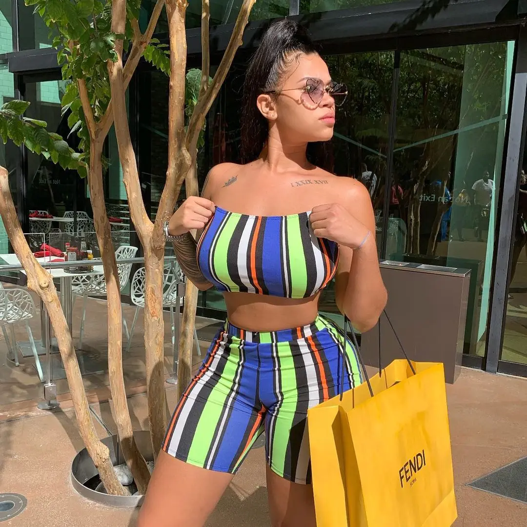 

Shorts Sets Women Plus Size Casual Stripe Printed Strapless Top & Bodycon Shorts