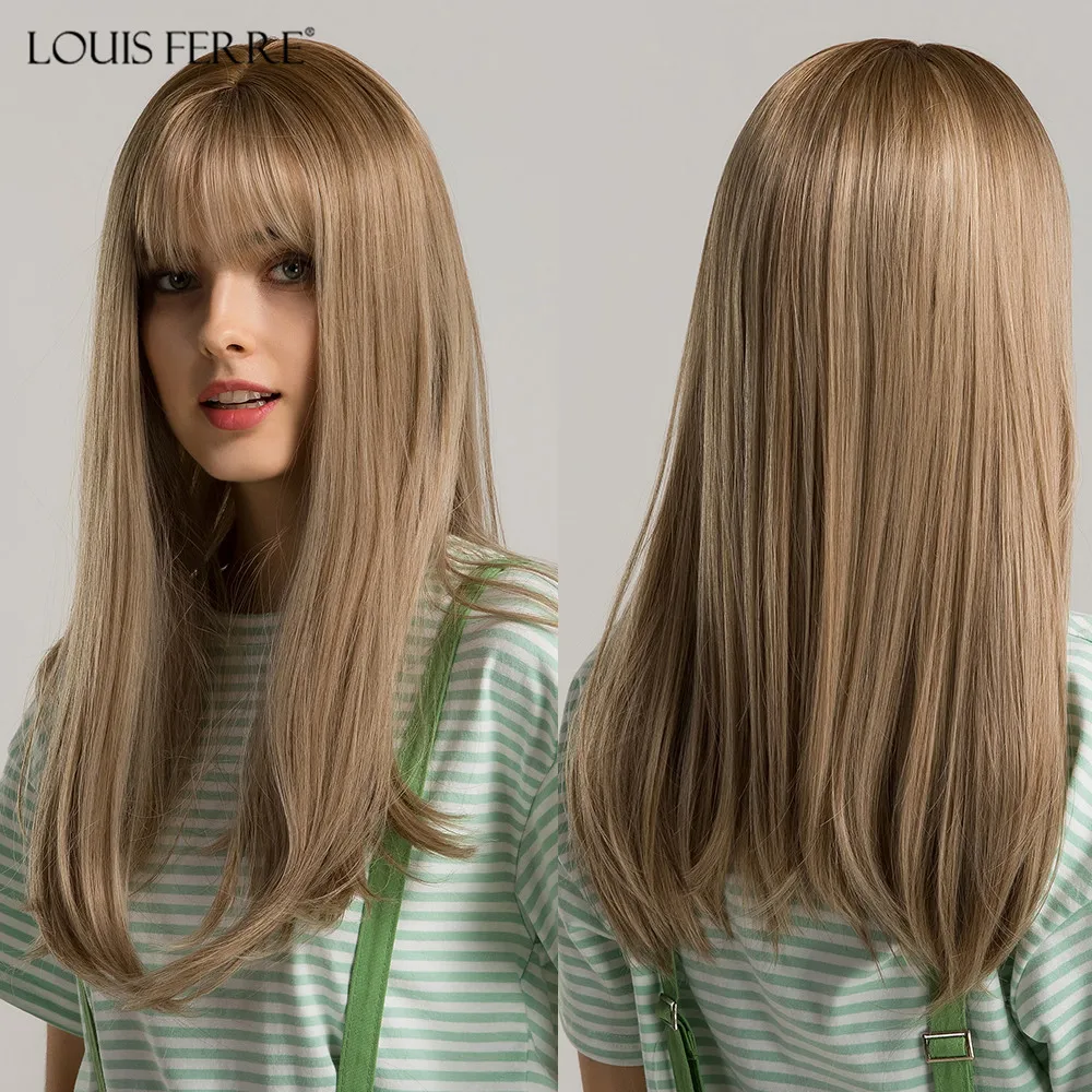 

LOUIS FERRE Long Straight Bob Synthetic Wigs with Bangs Blonde Hair Wig for White Women Cosplay/Party Honey Heat Resistant Fibre