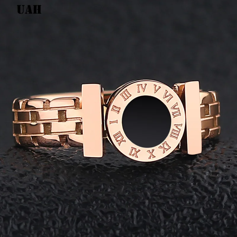 UAH Hot Rings Woman Stainless Steel Black Roman Numerals Rose Gold Color Hollow Out Fashion Jewelry | Украшения и аксессуары