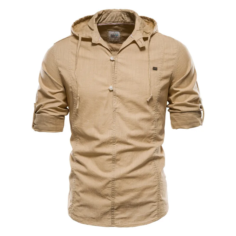 Summer Men's Shirt Cotton Linen Shirts Slim Hooded Long Sleeve Men's Top Solid Casual Shirts for Men