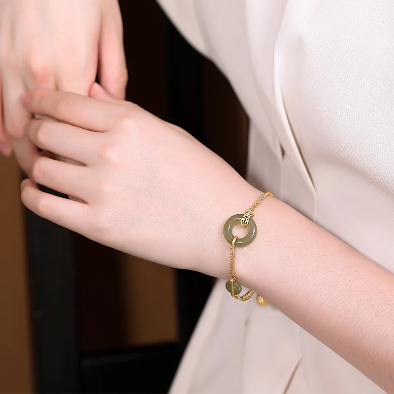 

Minimalist Fine S925 Pure Silver Gilded and Tian Yu Ping-Ping Buckle Double Happy Creative Goddess With Women's Silver Bracelet